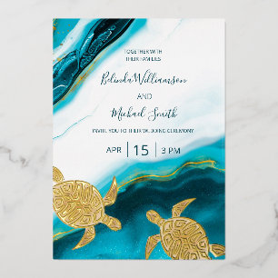 Goldene Schildkröten Türkise Tinte Achat Hochzeit  Folieneinladung