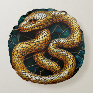 🐍 Goldene Schlangen-Mosaik-Rund-Dekoration ✨ Rundes Kissen