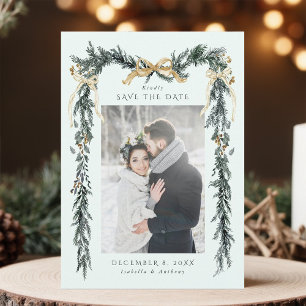 Goldene Schleife und Grünzeug-Girlande Hochzeit Mi Save The Date