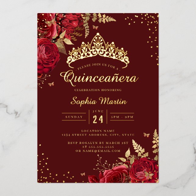 Goldene Schmetterling Rote Gold Blumenquinceanera Folieneinladung (Vorderseite)
