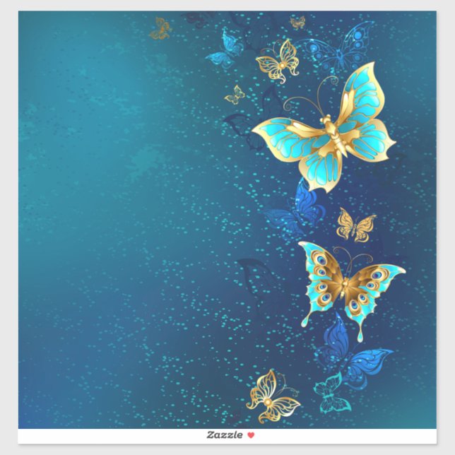 Goldene Schmetterlinge auf blauem Hintergrund Aufkleber (Blatt)