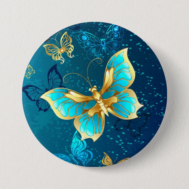 Goldene Schmetterlinge auf blauem Hintergrund Button (Vorderseite)