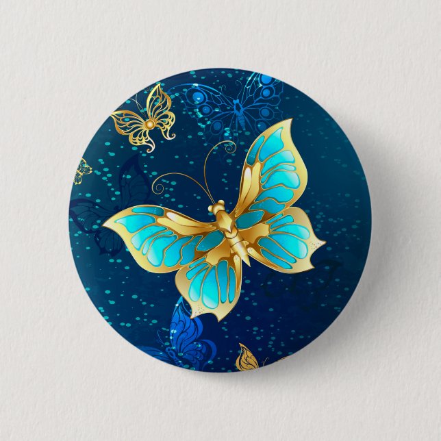 Goldene Schmetterlinge auf blauem Hintergrund Button (Vorderseite)
