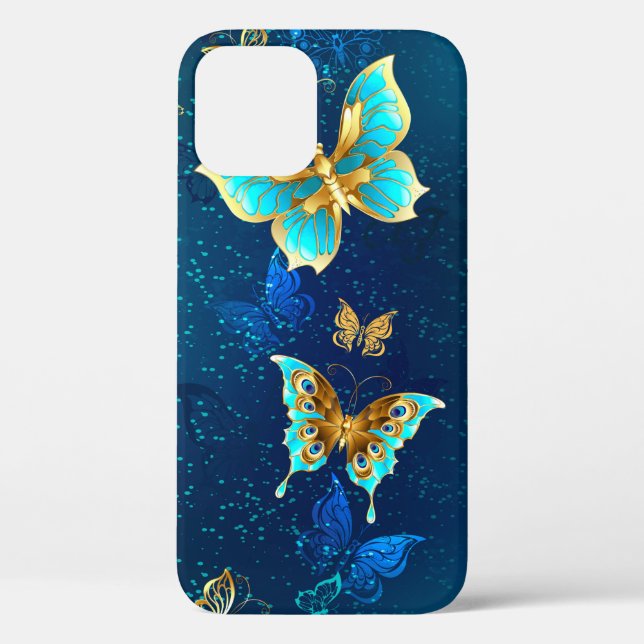 Goldene Schmetterlinge auf blauem Hintergrund Case-Mate iPhone Hülle (Rückseite)