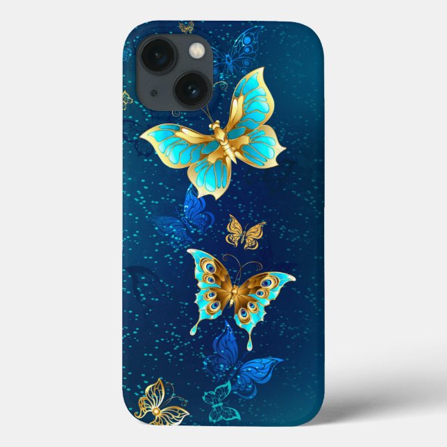 Goldene Schmetterlinge auf blauem Hintergrund Case-Mate iPhone Hülle (Rückseite)