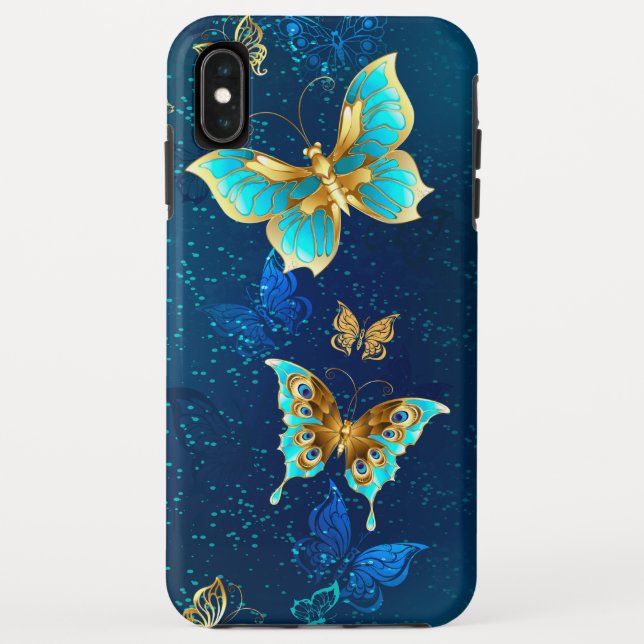 Goldene Schmetterlinge auf blauem Hintergrund Case-Mate iPhone Hülle (Rückseite)