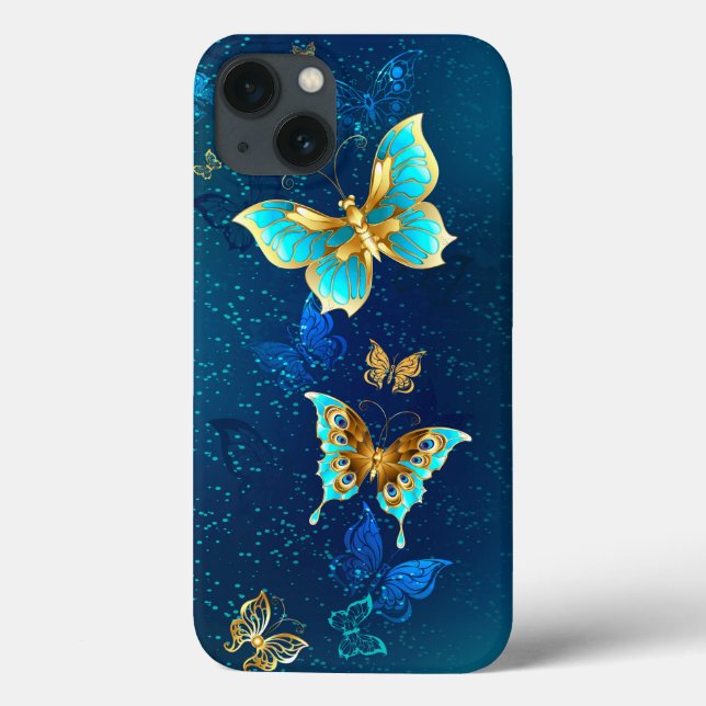 Goldene Schmetterlinge auf blauem Hintergrund Case-Mate iPhone Hülle (Rückseite)