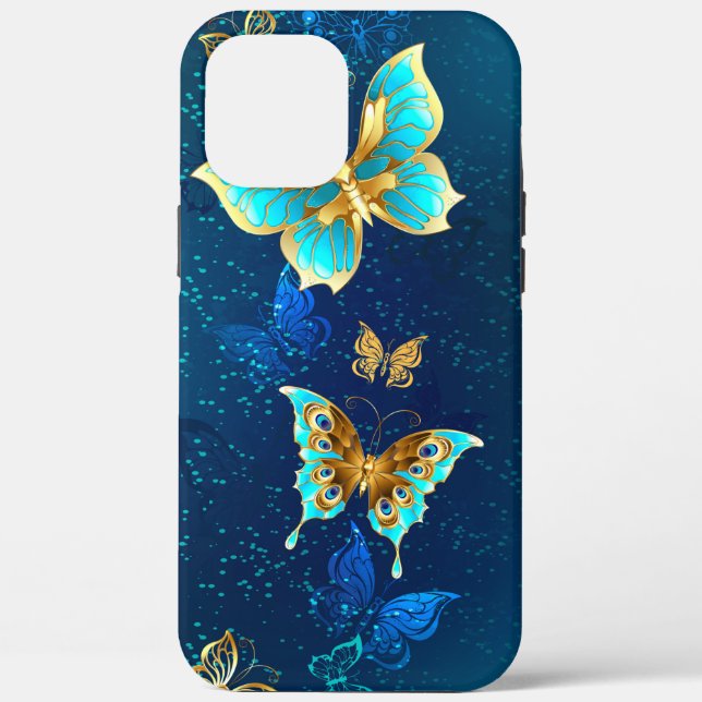 Goldene Schmetterlinge auf blauem Hintergrund Case-Mate iPhone Hülle (Rückseite)