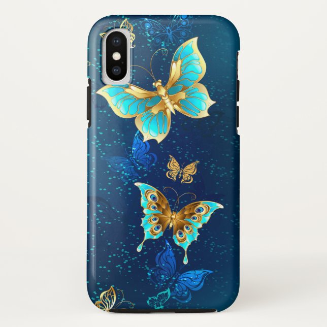 Goldene Schmetterlinge auf blauem Hintergrund Case-Mate iPhone Hülle (Rückseite)