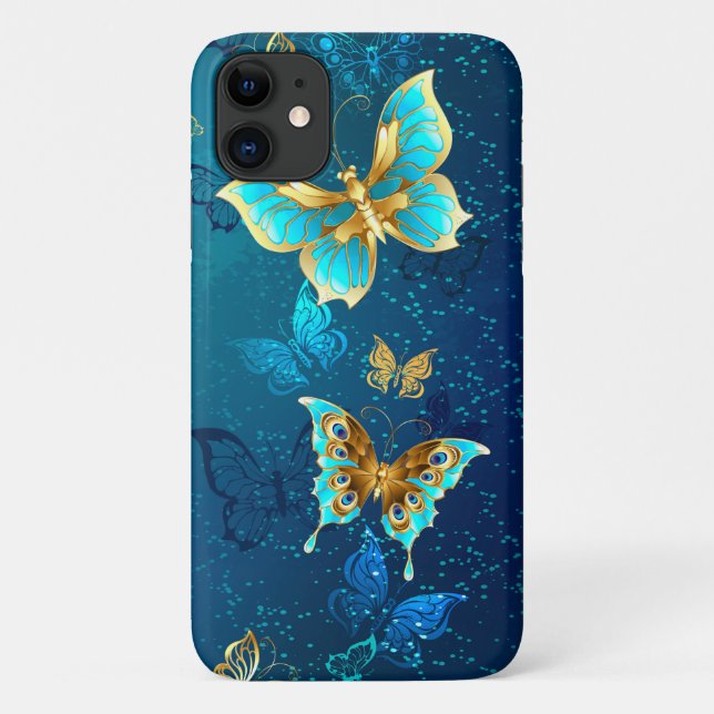 Goldene Schmetterlinge auf blauem Hintergrund Case-Mate iPhone Hülle (Rückseite)