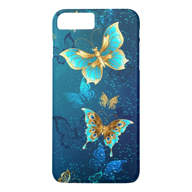 Goldene Schmetterlinge auf blauem Hintergrund Case-Mate iPhone Hülle (Rückseite)