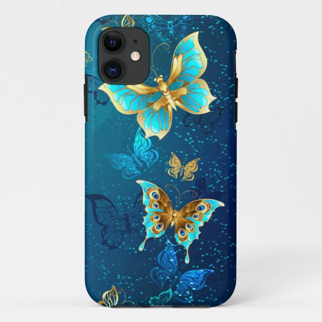 Goldene Schmetterlinge auf blauem Hintergrund Case-Mate iPhone Hülle (Rückseite)