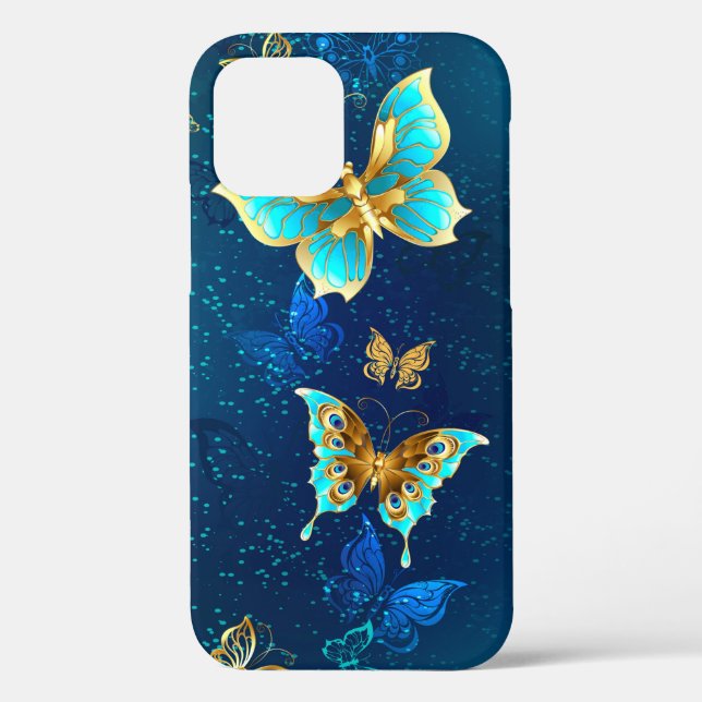 Goldene Schmetterlinge auf blauem Hintergrund Case-Mate iPhone Hülle (Rückseite)