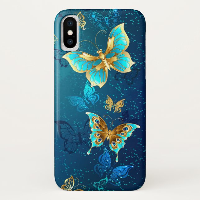 Goldene Schmetterlinge auf blauem Hintergrund Case-Mate iPhone Hülle (Rückseite)