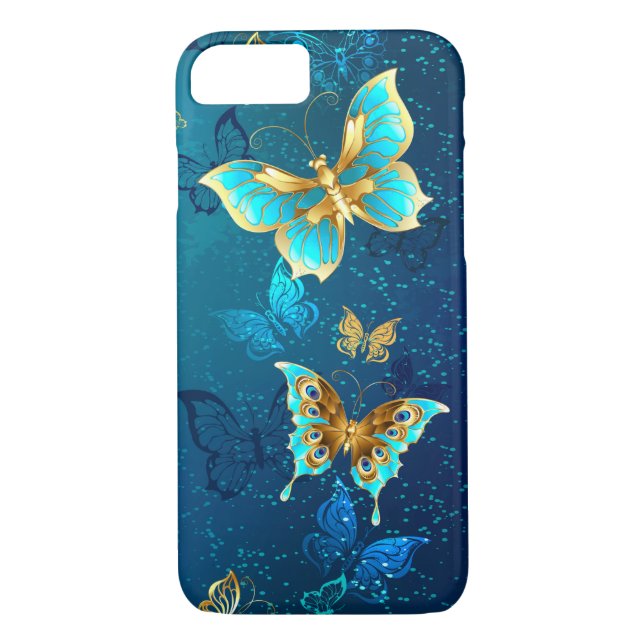Goldene Schmetterlinge auf blauem Hintergrund Case-Mate iPhone Hülle (Rückseite)