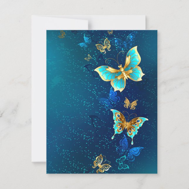 Goldene Schmetterlinge auf blauem Hintergrund Dankeskarte (Vorderseite)