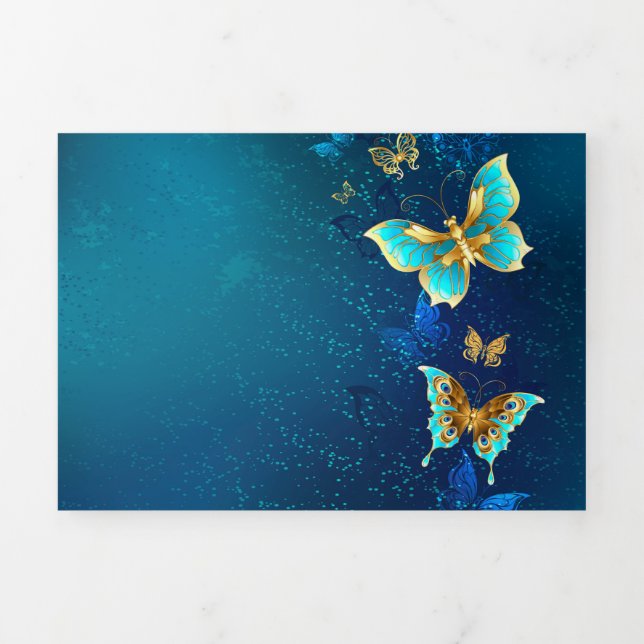 Goldene Schmetterlinge auf blauem Hintergrund Dreifach Gefaltete Einladung (Cover)