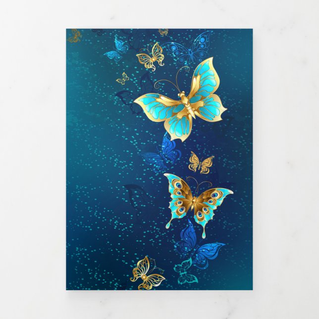 Goldene Schmetterlinge auf blauem Hintergrund Dreifach Gefaltete Karte (Cover)