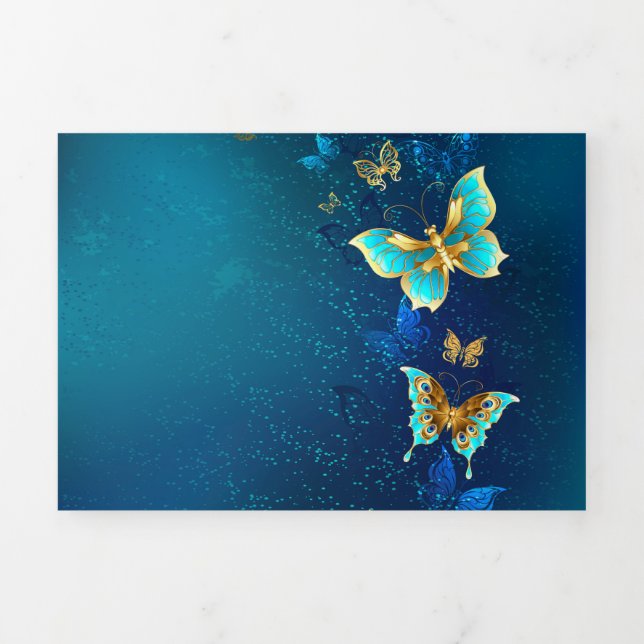 Goldene Schmetterlinge auf blauem Hintergrund Dreifach Gefaltete Karte (Cover)