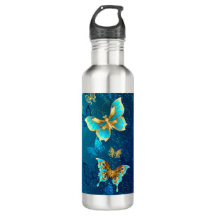 Goldene Schmetterlinge auf blauem Hintergrund Edelstahlflasche