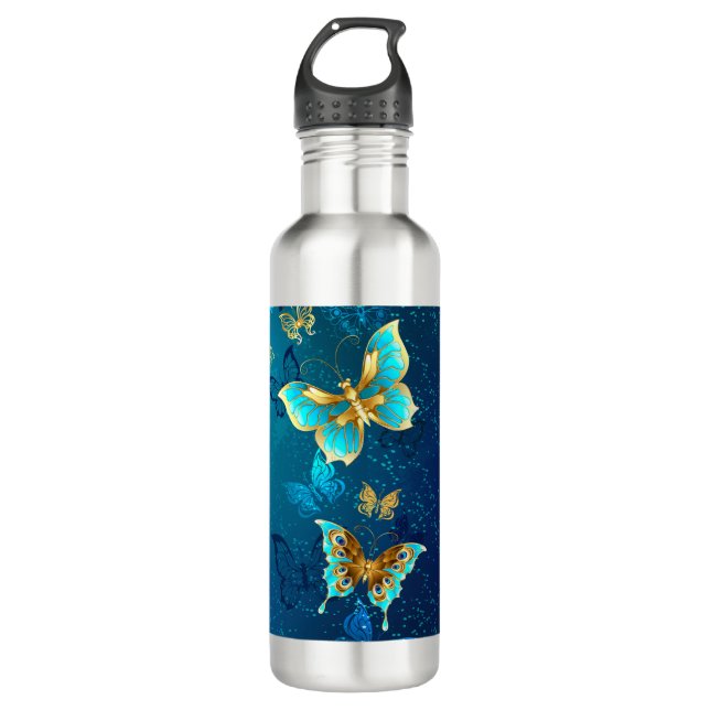 Goldene Schmetterlinge auf blauem Hintergrund Edelstahlflasche (Vorderseite)