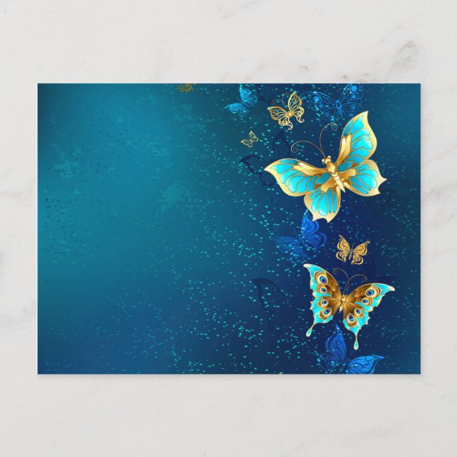 Goldene Schmetterlinge auf blauem Hintergrund Einladungspostkarte (Vorderseite)