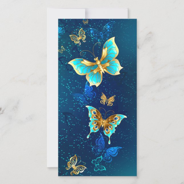 Goldene Schmetterlinge auf blauem Hintergrund Feiertagskarte (Vorderseite)