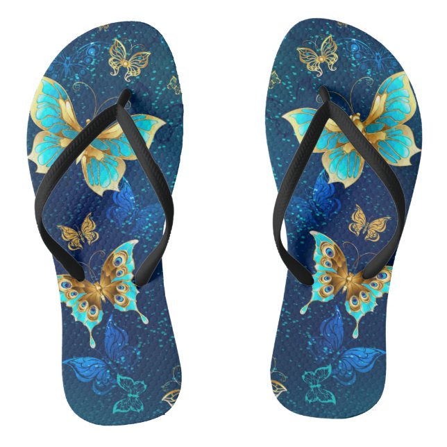 Goldene Schmetterlinge auf blauem Hintergrund Flip Flops (Fußbett)