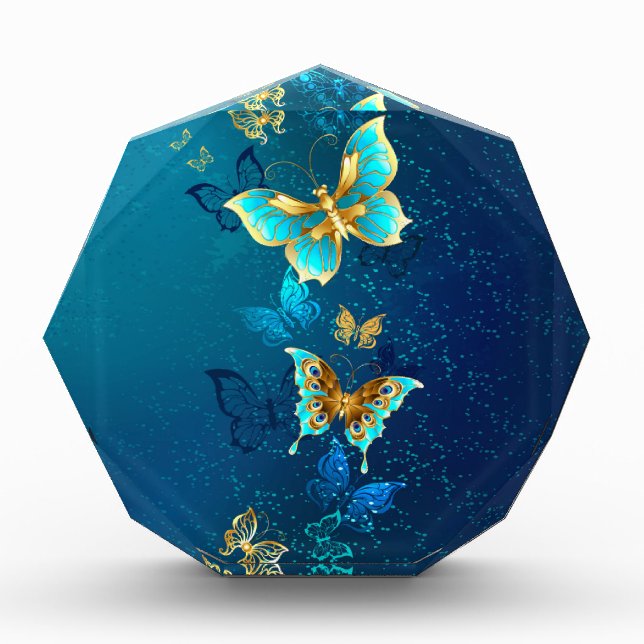 Goldene Schmetterlinge auf blauem Hintergrund Fotoblock (Vorderseite)