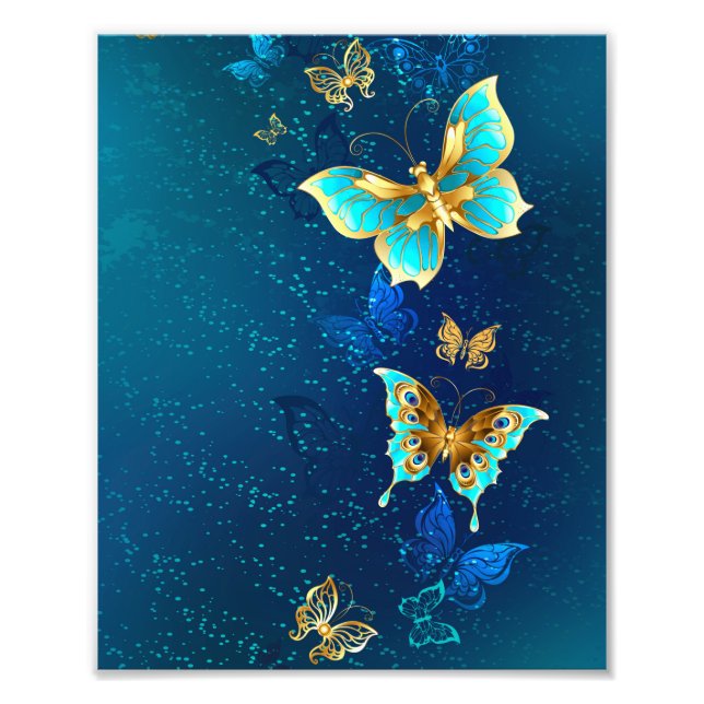 Goldene Schmetterlinge auf blauem Hintergrund Fotodruck (Vorne)