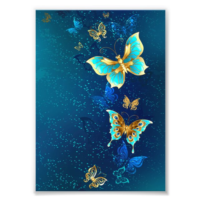 Goldene Schmetterlinge auf blauem Hintergrund Fotodruck (Vorne)
