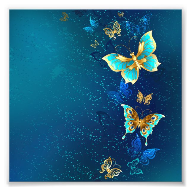 Goldene Schmetterlinge auf blauem Hintergrund Fotodruck (Vorne)