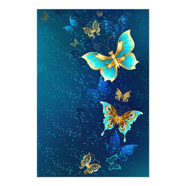 Goldene Schmetterlinge auf blauem Hintergrund Fotodruck (Vorne)