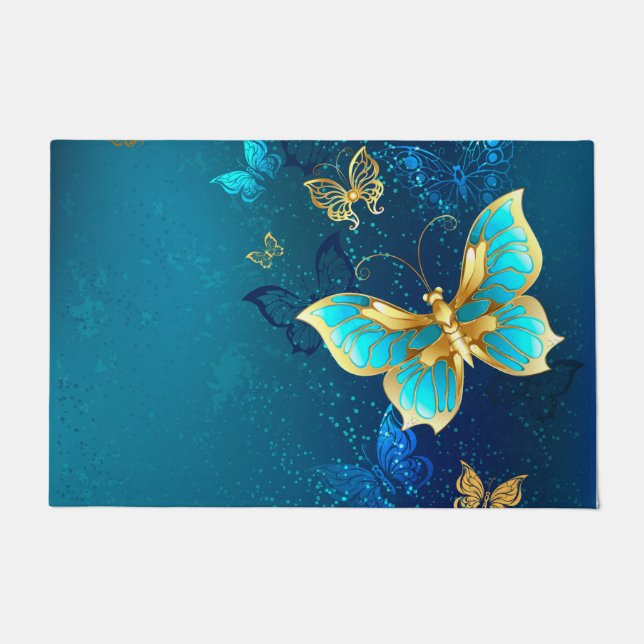 Goldene Schmetterlinge auf blauem Hintergrund Fußmatte (Vorderseite)