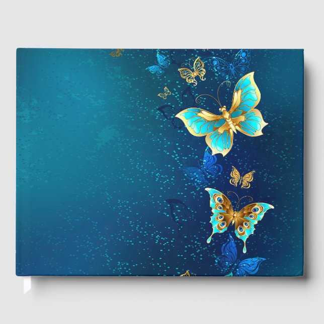 Goldene Schmetterlinge auf blauem Hintergrund Gästebuch (Vorderseite)