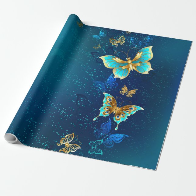 Goldene Schmetterlinge auf blauem Hintergrund Geschenkpapier (Ungerollt)