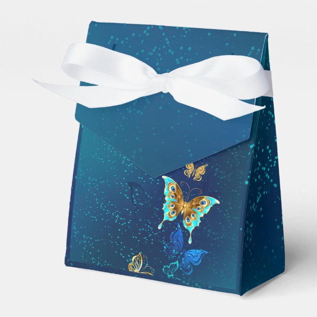 Goldene Schmetterlinge auf blauem Hintergrund Geschenkschachtel (Vorderseite)