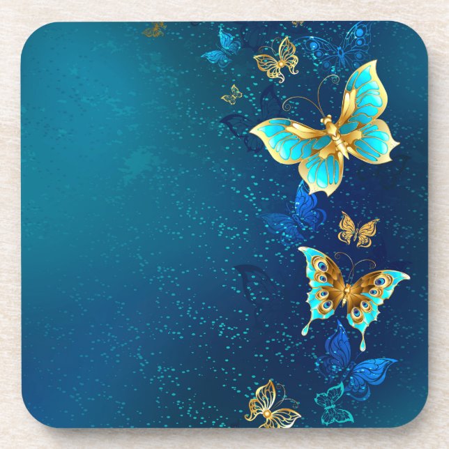 Goldene Schmetterlinge auf blauem Hintergrund Getränkeuntersetzer (Vorderseite)