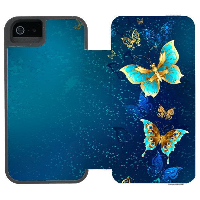 Goldene Schmetterlinge auf blauem Hintergrund Incipio iPhone Geldbeutel-Hülle (Folio Geöffnet)