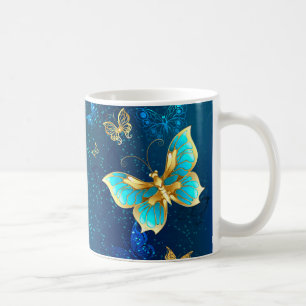 Goldene Schmetterlinge auf blauem Hintergrund Kaffeetasse