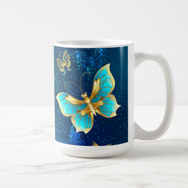 Goldene Schmetterlinge auf blauem Hintergrund Kaffeetasse (Rechts)