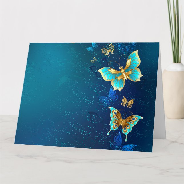 Goldene Schmetterlinge auf blauem Hintergrund Karte (Vorderseite)