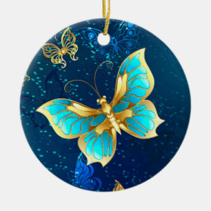 Goldene Schmetterlinge auf blauem Hintergrund Keramik Ornament
