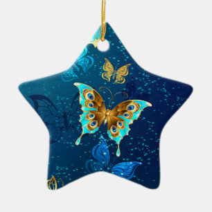 Goldene Schmetterlinge auf blauem Hintergrund Keramik Ornament