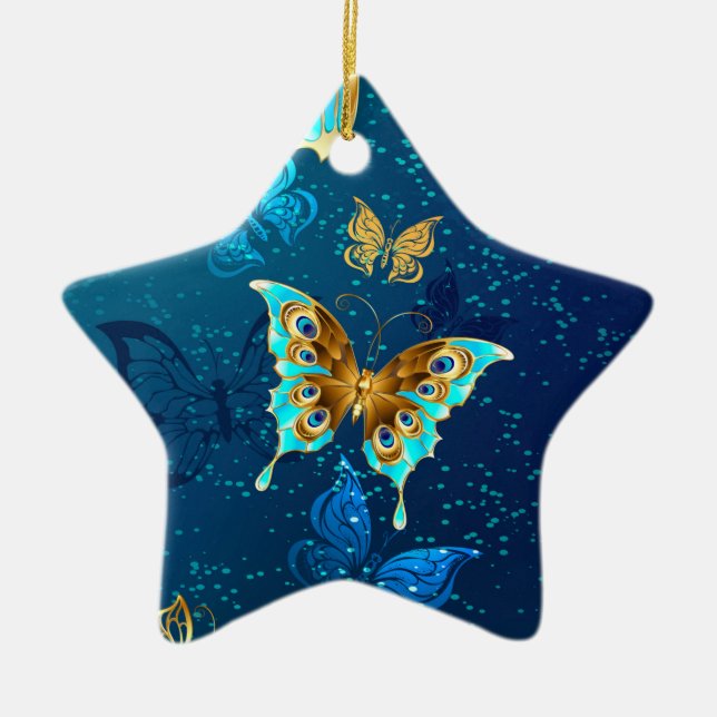 Goldene Schmetterlinge auf blauem Hintergrund Keramik Ornament (Vorne)