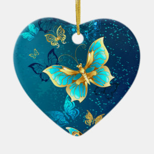 Goldene Schmetterlinge auf blauem Hintergrund Keramik Ornament