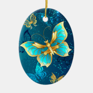 Goldene Schmetterlinge auf blauem Hintergrund Keramik Ornament
