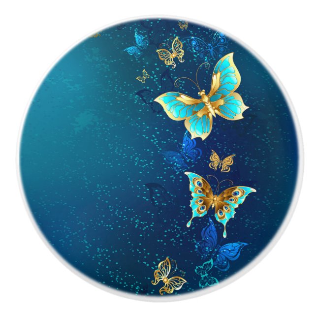 Goldene Schmetterlinge auf blauem Hintergrund Keramikknauf (Vorderseite)