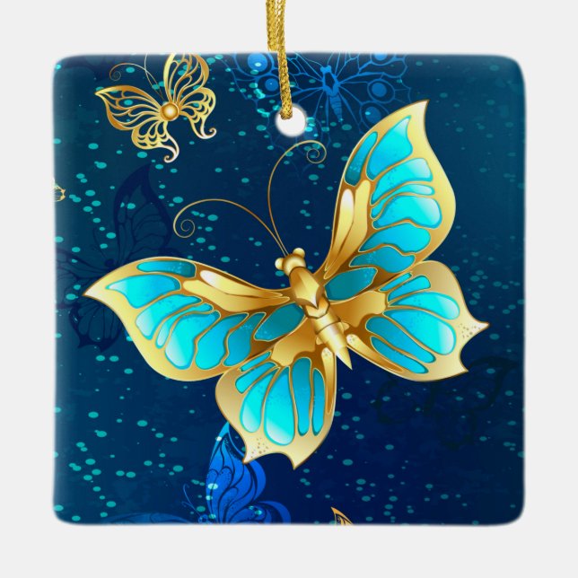 Goldene Schmetterlinge auf blauem Hintergrund Keramikornament (Vorderseite)