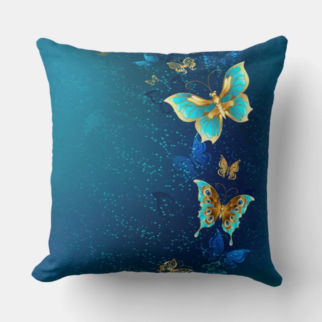 Goldene Schmetterlinge auf blauem Hintergrund Kissen (Vorderseite)
